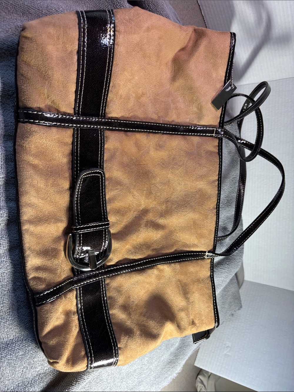 Sag Harbor shoulder Bag Brown and Black with Patent Trim